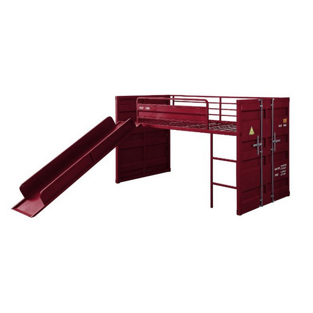 Benjara Twin Loft Bed with Metal Frame And Slide, Red