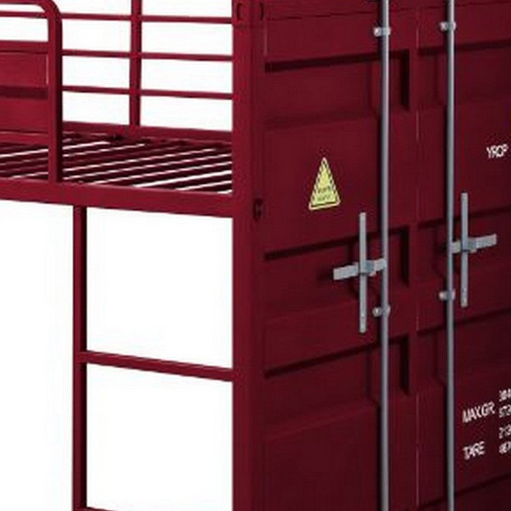 Benjara Twin Loft Bed with Metal Frame And Slide, Red