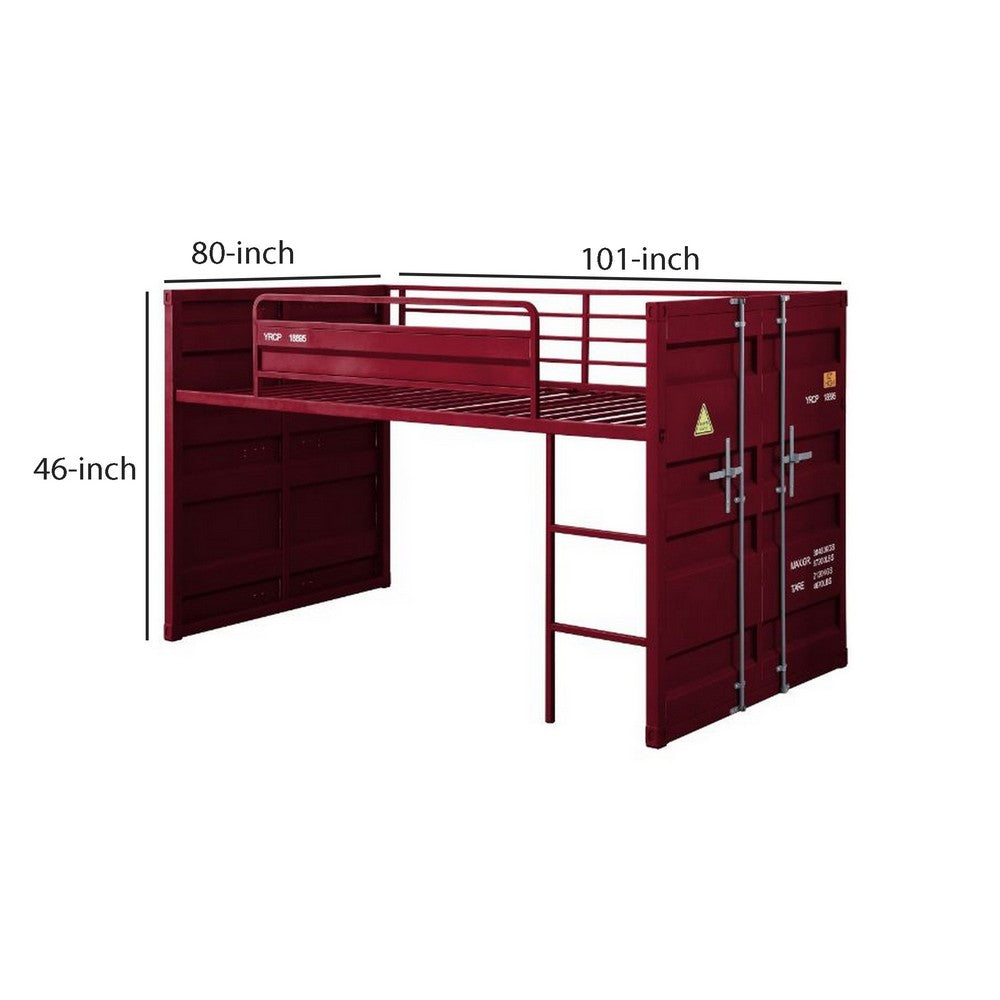Benjara Twin Loft Bed with Metal Frame And Slide, Red