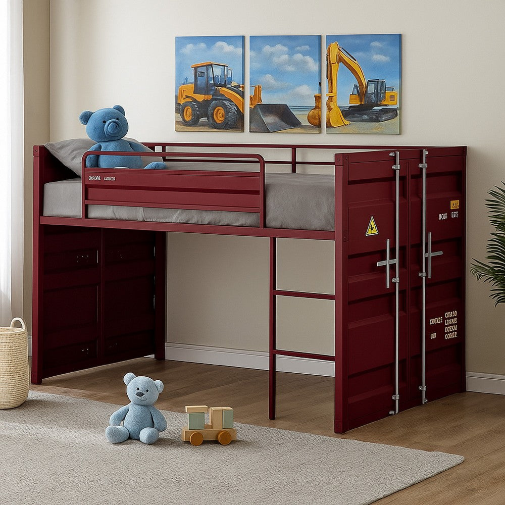 Benjara Twin Loft Bed with Metal Frame And Slide, Red