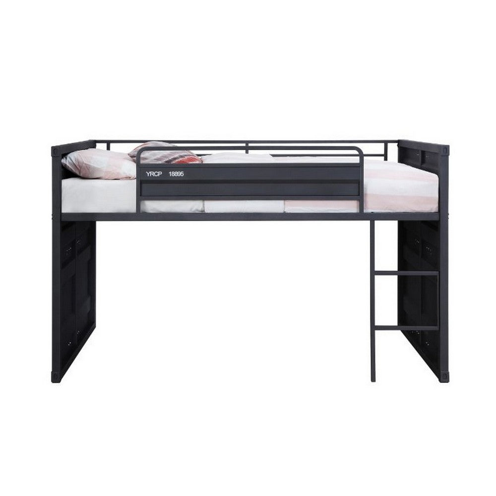 Benjara Twin Loft Bed with Metal Frame And Slide, Gray
