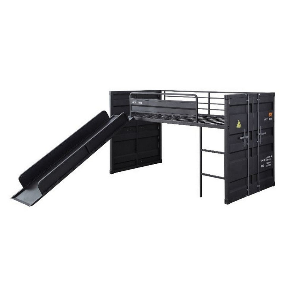 Benjara Twin Loft Bed with Metal Frame And Slide, Gray