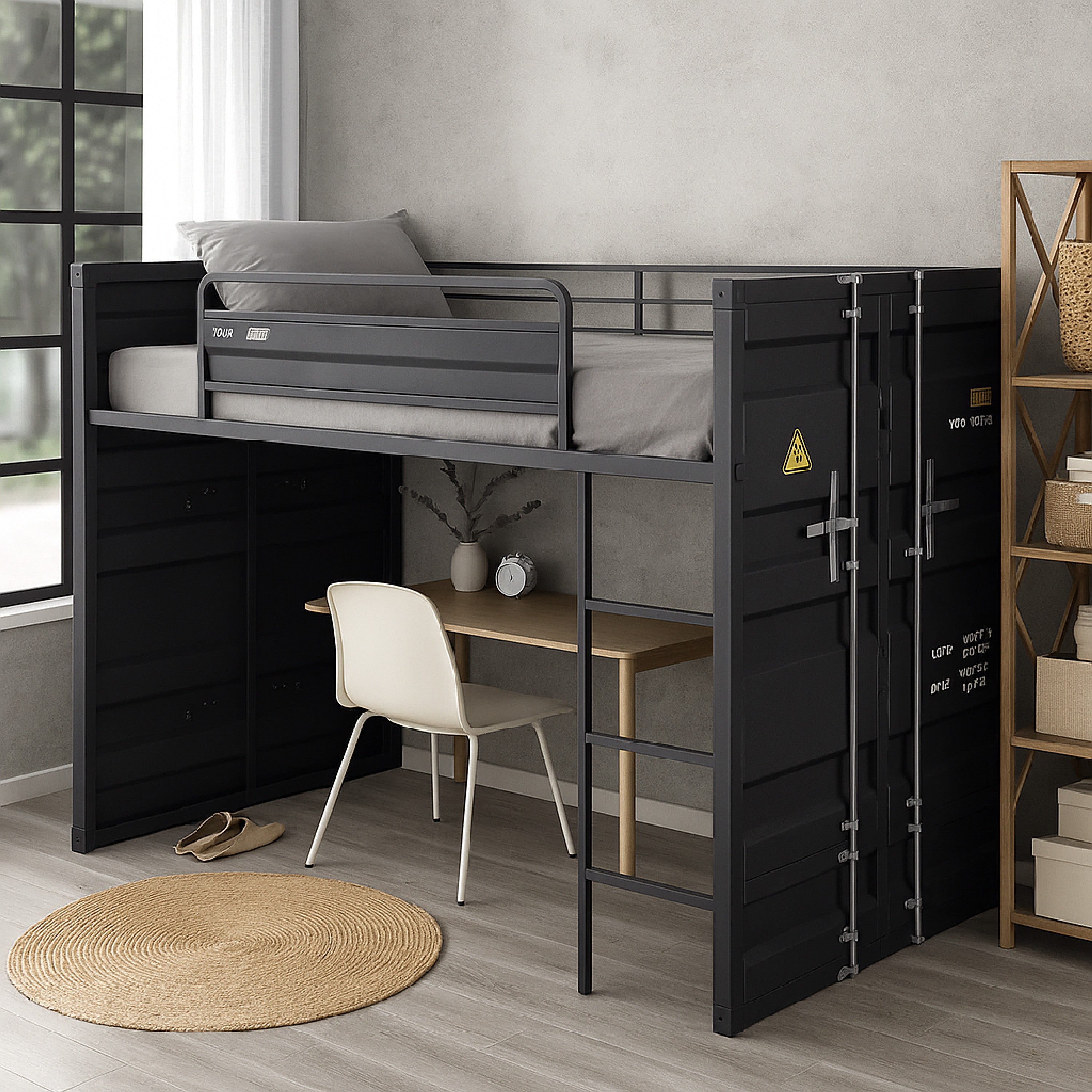Benjara Twin Loft Bed with Metal Frame And Slide, Gray
