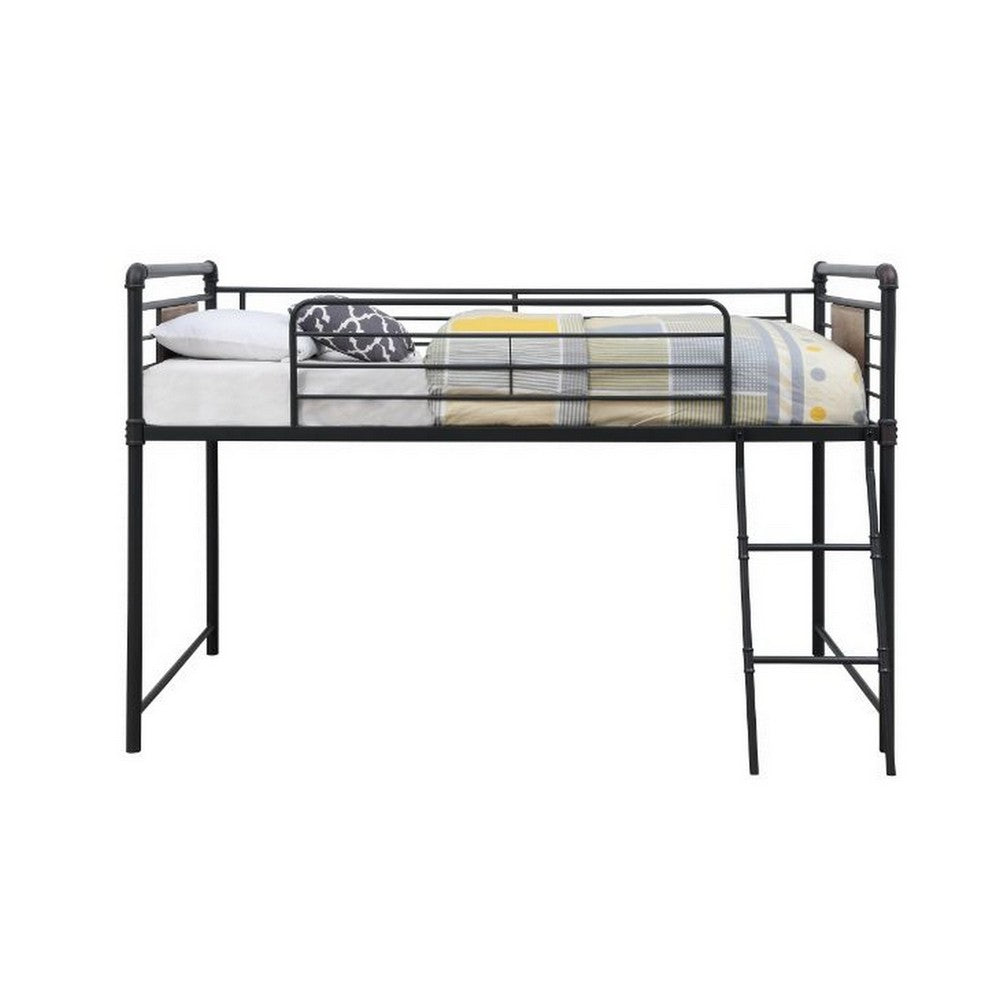 Benjara Twin Loft Bed with Tubular Metal Frame And Slide, Dark Bronze
