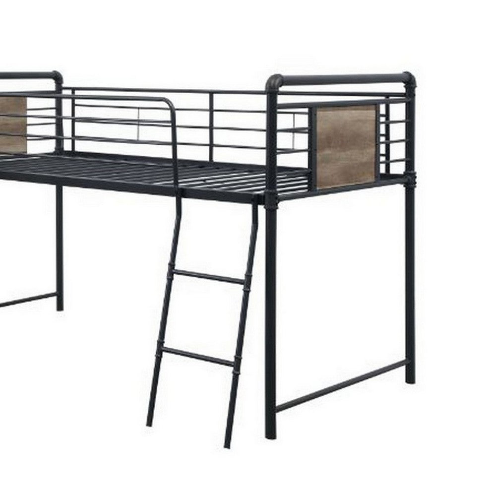 Benjara Twin Loft Bed with Tubular Metal Frame And Slide, Dark Bronze