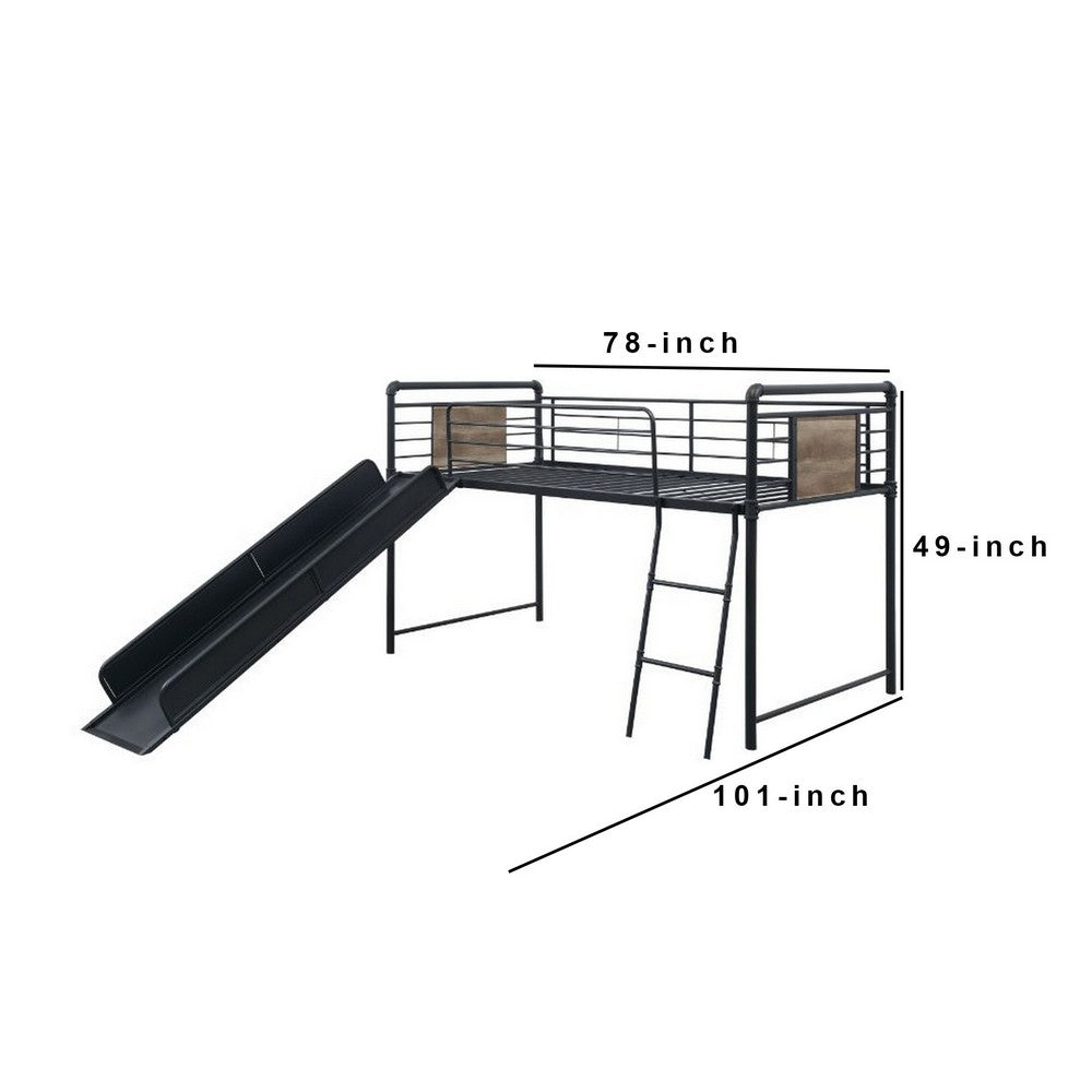Benjara Twin Loft Bed with Tubular Metal Frame And Slide, Dark Bronze