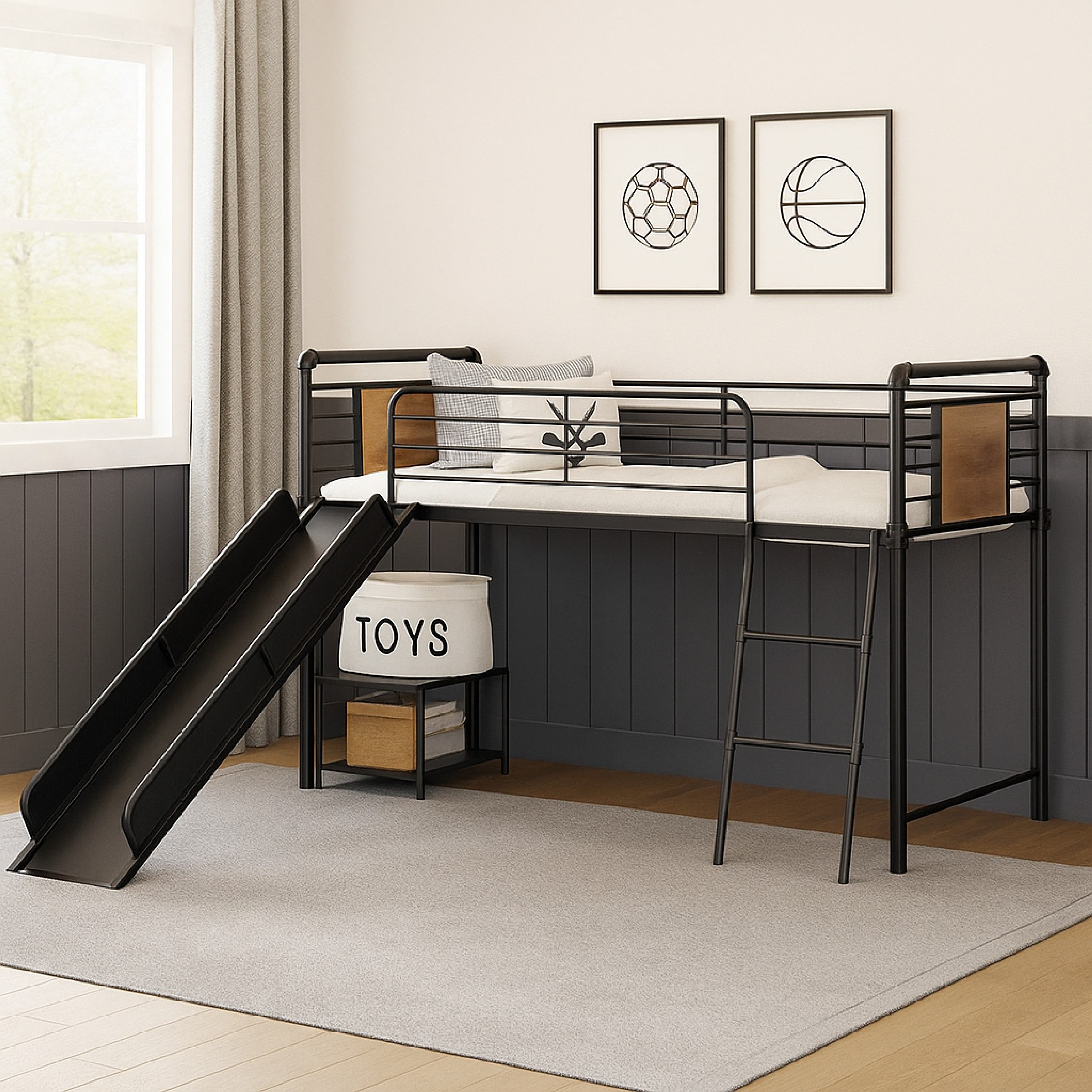 Benjara Twin Loft Bed with Tubular Metal Frame And Slide, Dark Bronze