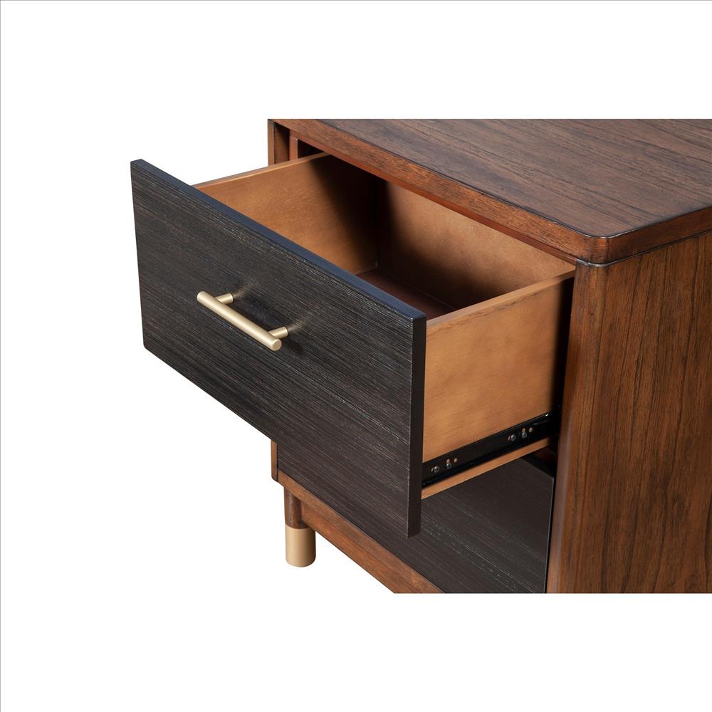 Benjara Nightstand with 2 Drawers And Round Legs, Brown And Black