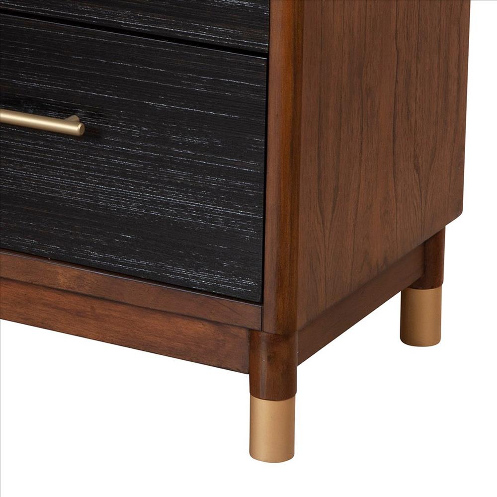Benjara Nightstand with 2 Drawers And Round Legs, Brown And Black