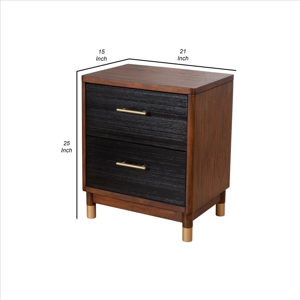 Benjara Nightstand with 2 Drawers And Round Legs, Brown And Black