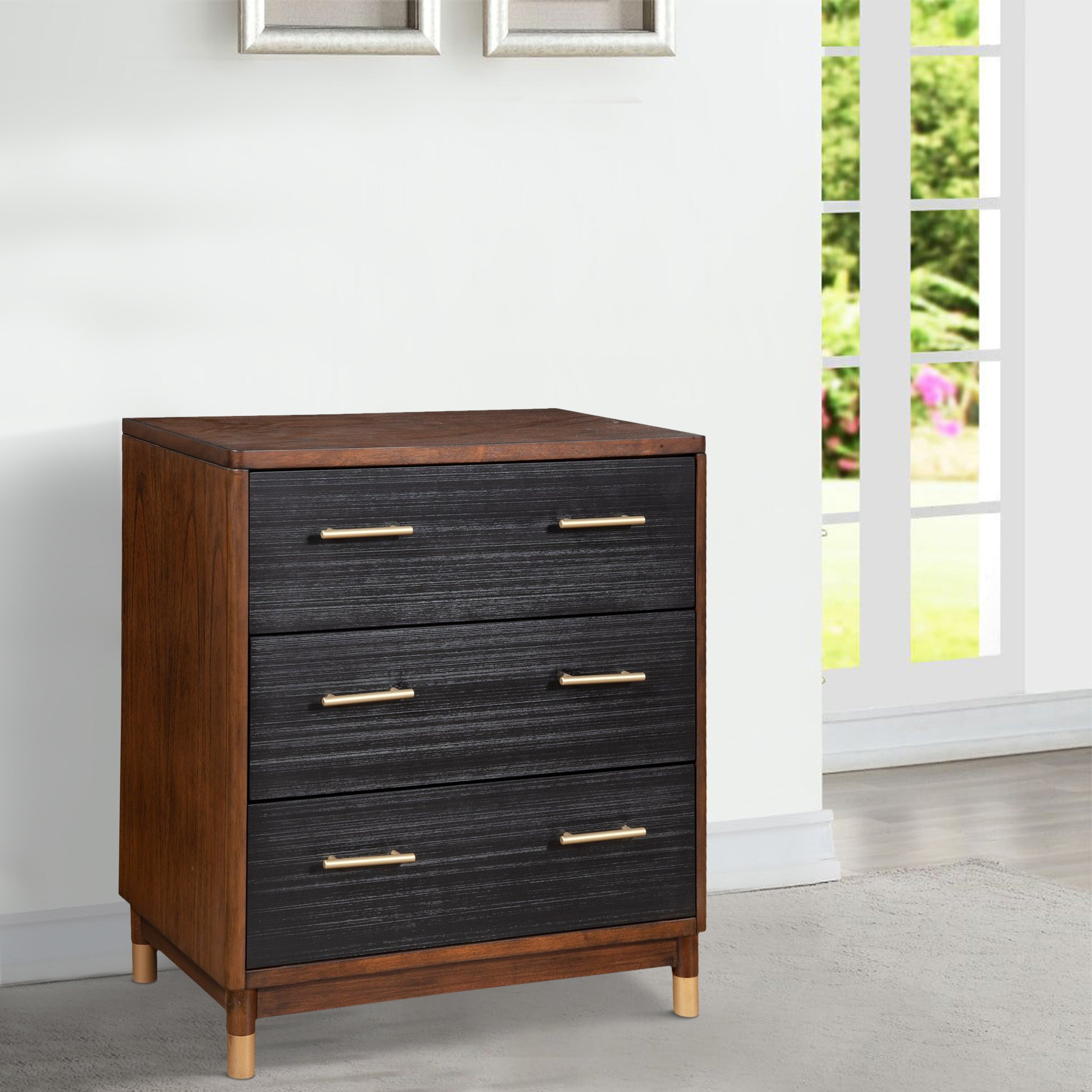 Benjara Chest with 3 Drawers And Round Legs, Brown And Black
