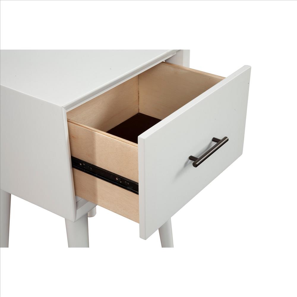 Benjara End Table with 1 Drawer And Angled Legs, White