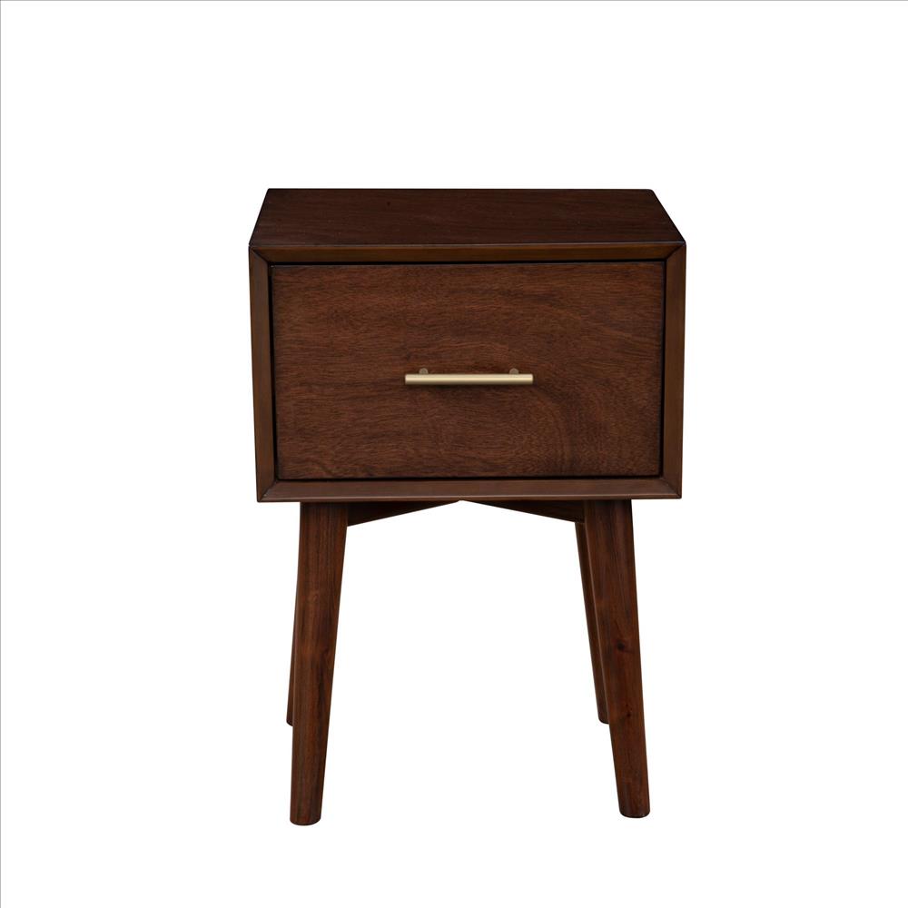 Benjara End Table with 1 Drawer And Angled Legs, Walnut Brown