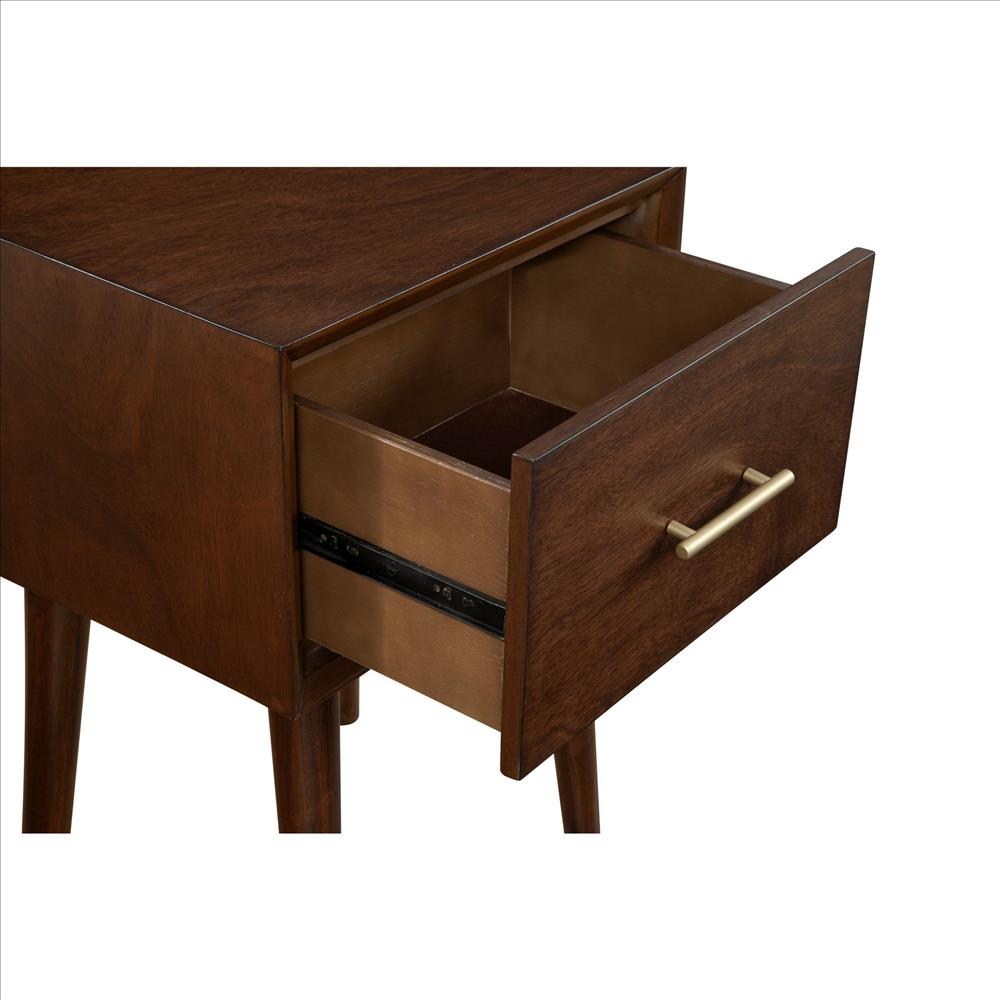 Benjara End Table with 1 Drawer And Angled Legs, Walnut Brown
