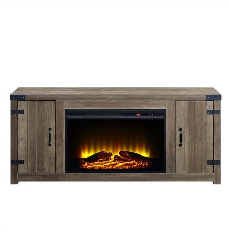 Benjara TV Stand And Fireplace with 2 Doors And Metal Brackets, Rustic Brown