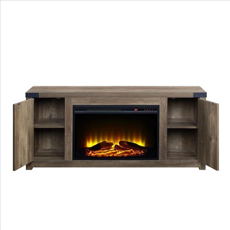 Benjara TV Stand And Fireplace with 2 Doors And Metal Brackets, Rustic Brown