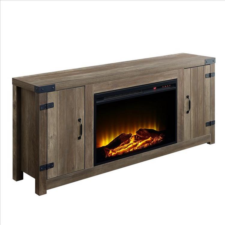 Benjara TV Stand And Fireplace with 2 Doors And Metal Brackets, Rustic Brown