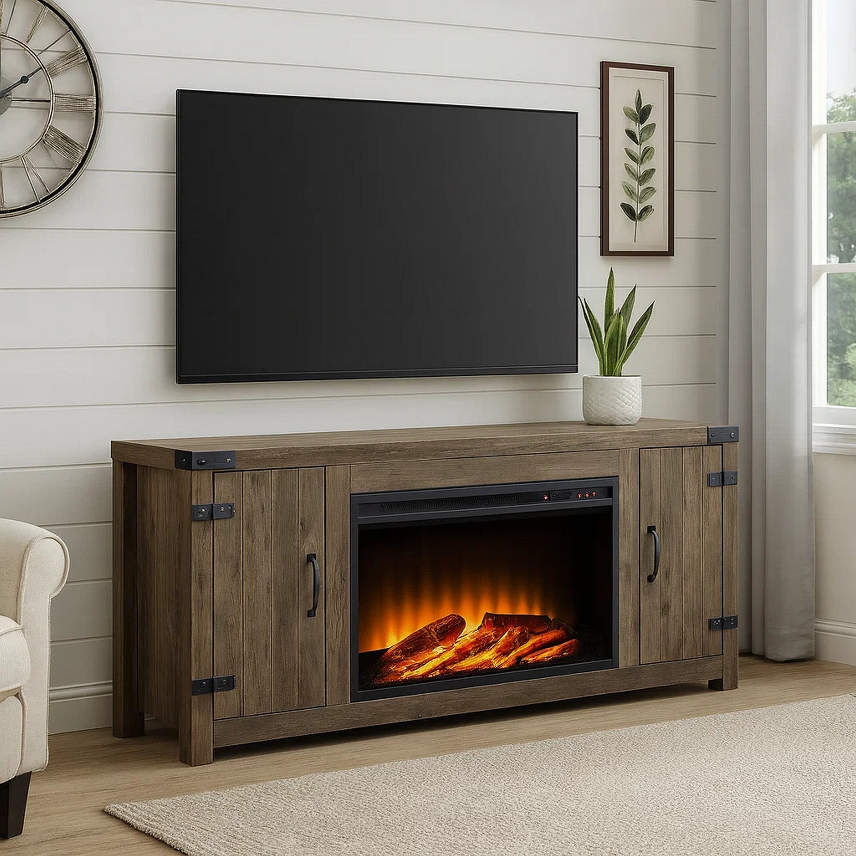 Benjara TV Stand And Fireplace with 2 Doors And Metal Brackets, Rustic Brown