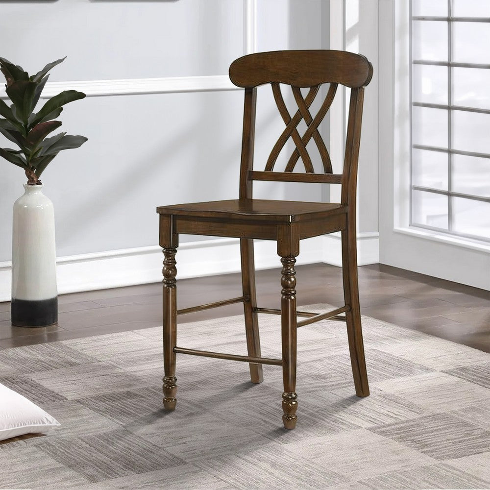 Benjara Counter Height Chair with Overlapping X Back, Set of 2, Brown