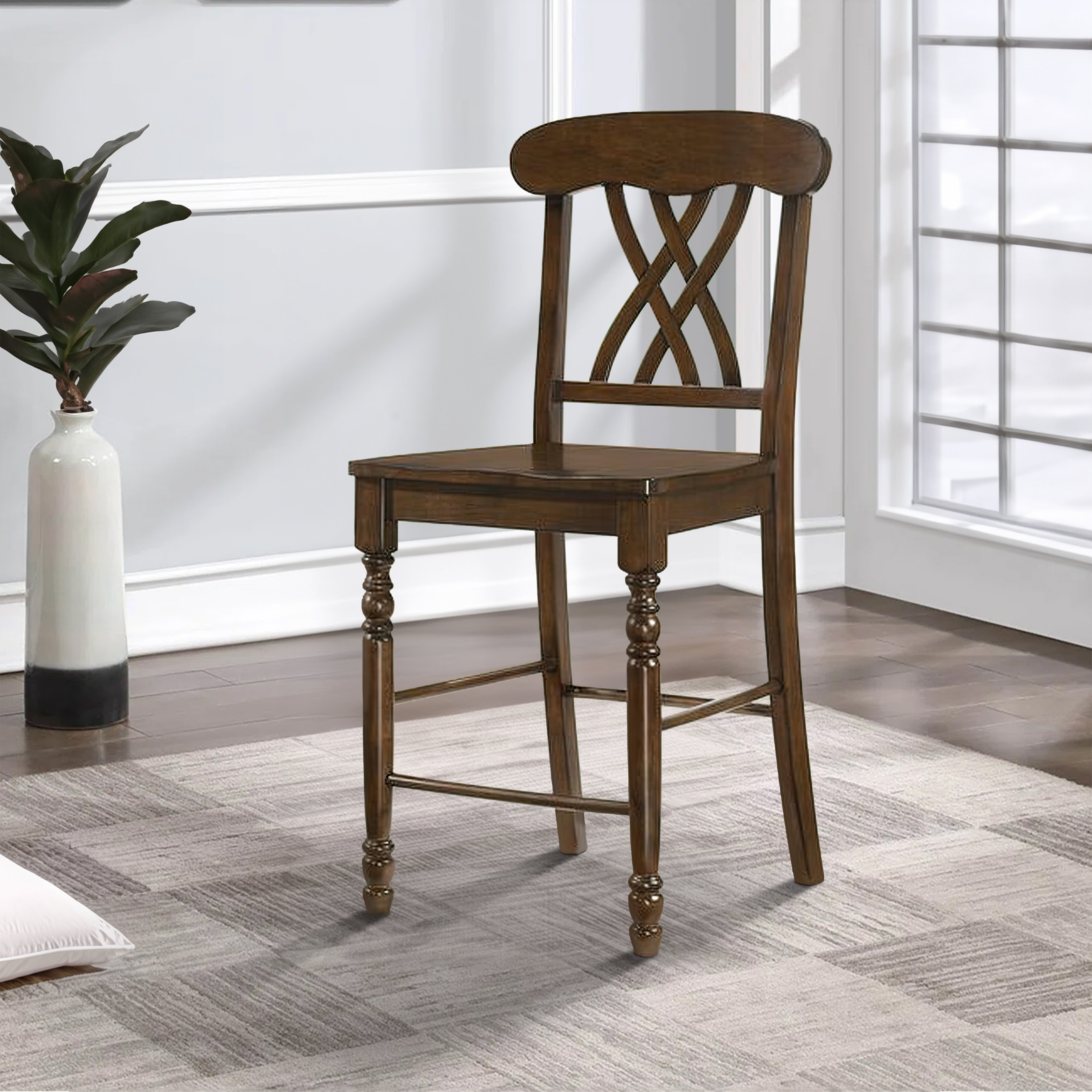 Benjara Counter Height Chair with Overlapping X Back, Set of 2, Brown
