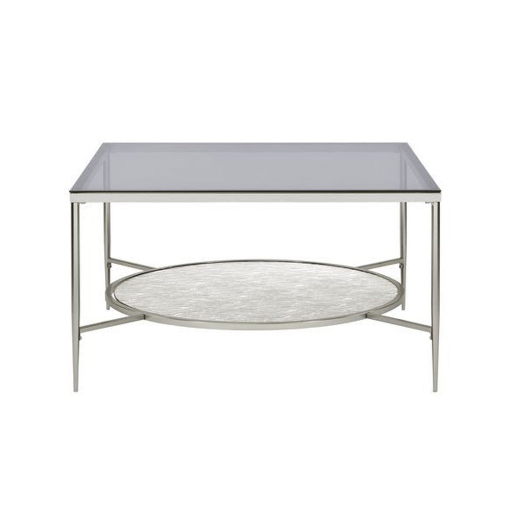 Benjara Coffee Table with Textured Round Shelf, Silver