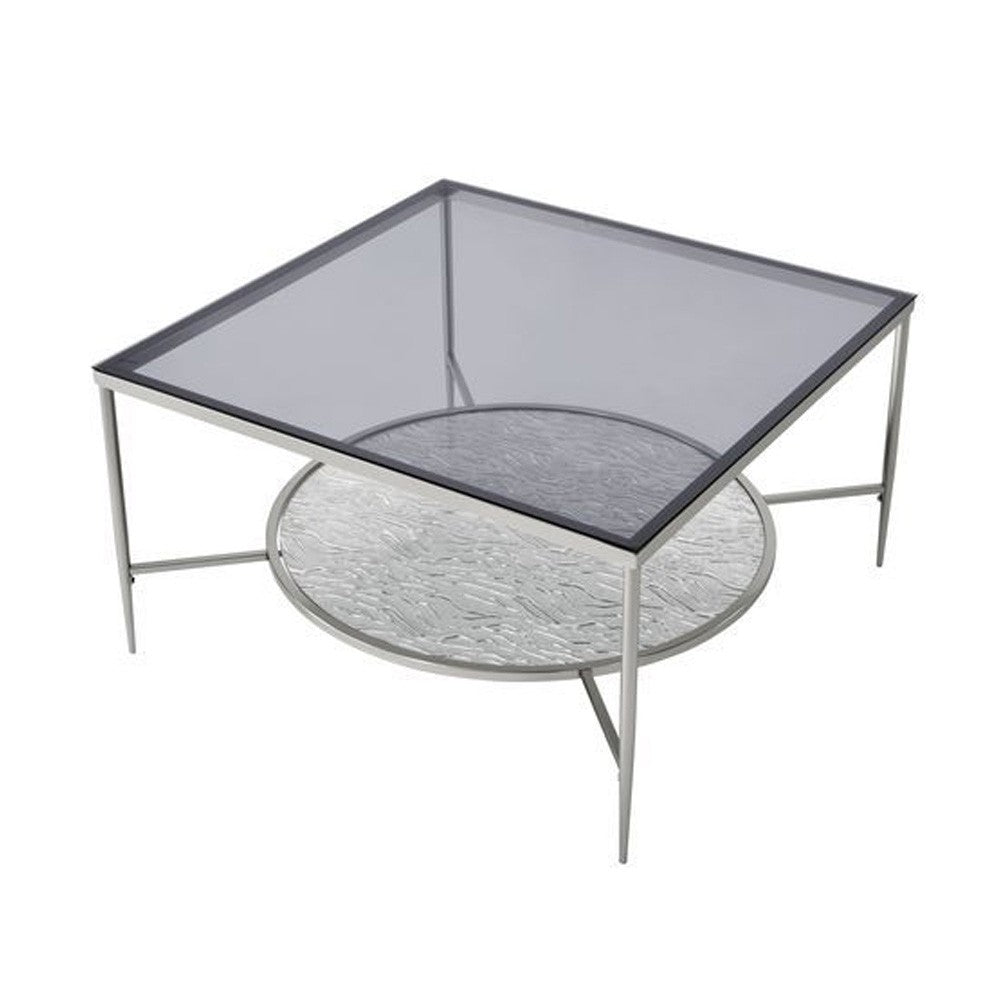 Benjara Coffee Table with Textured Round Shelf, Silver