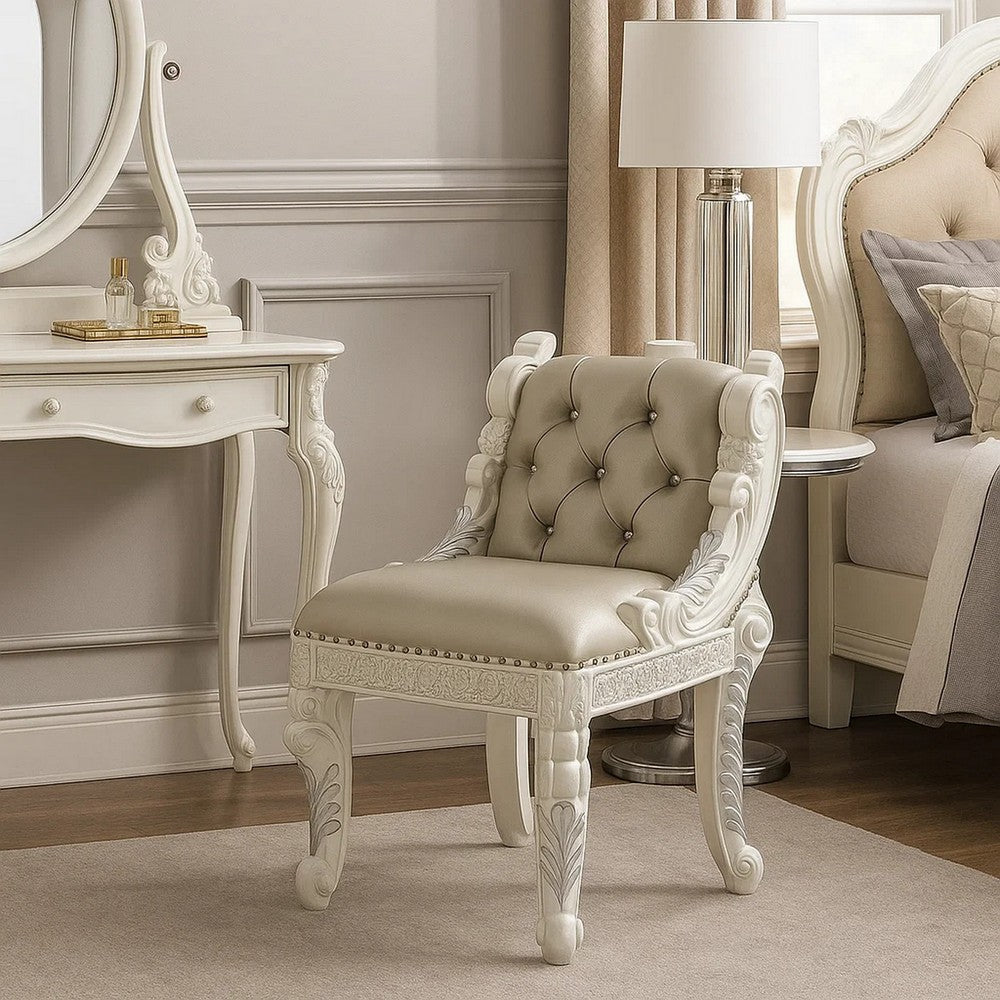 Benjara Vanity Stool with Nailhead Trim And Queen Anne Legs, White