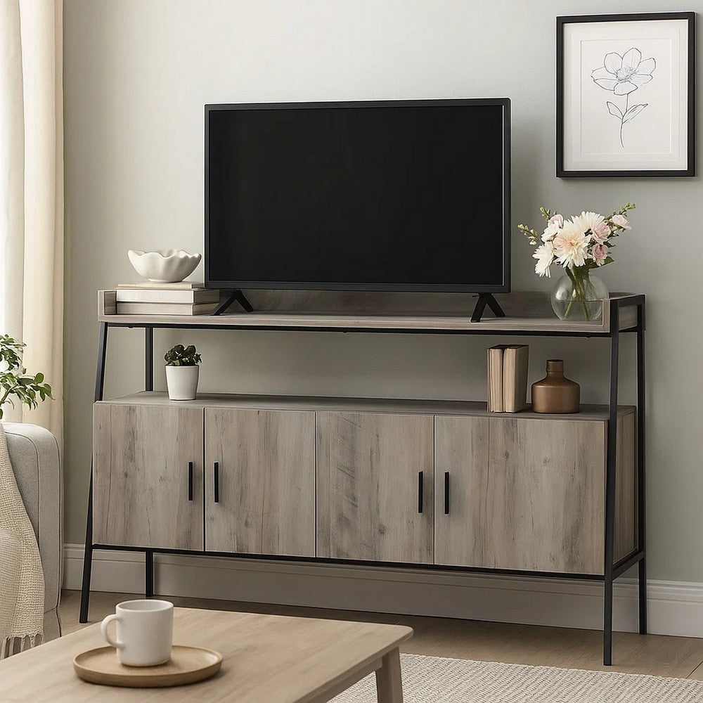 Benjara TV Stand with 2 Double Door Cabinet And Tubular Frame, Oak Gray