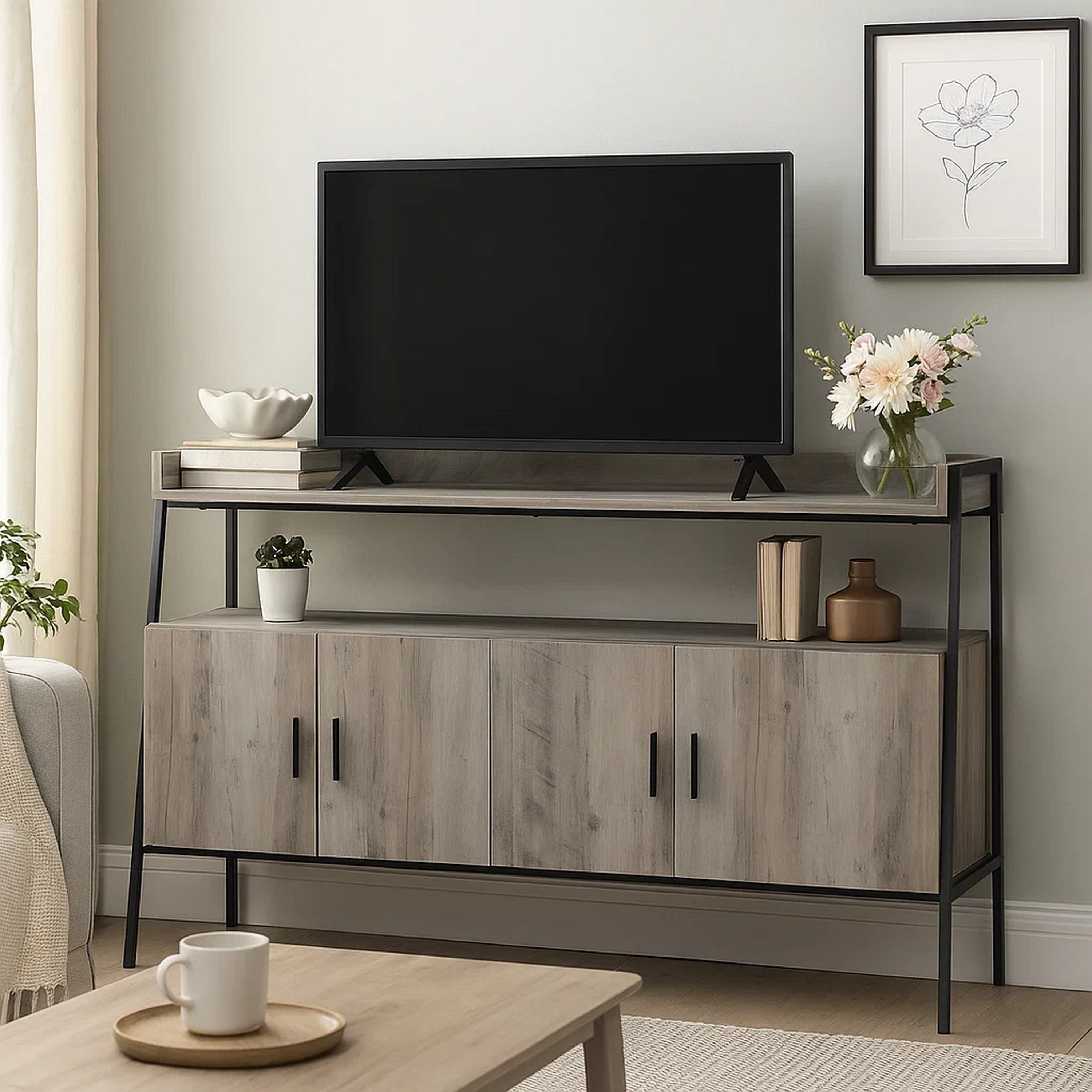 Benjara TV Stand with 2 Double Door Cabinet And Tubular Frame, Oak Gray