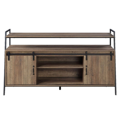 Benjara TV Stand with 2 Sliding Barn Doors And Tubular Frame, Oak Brown