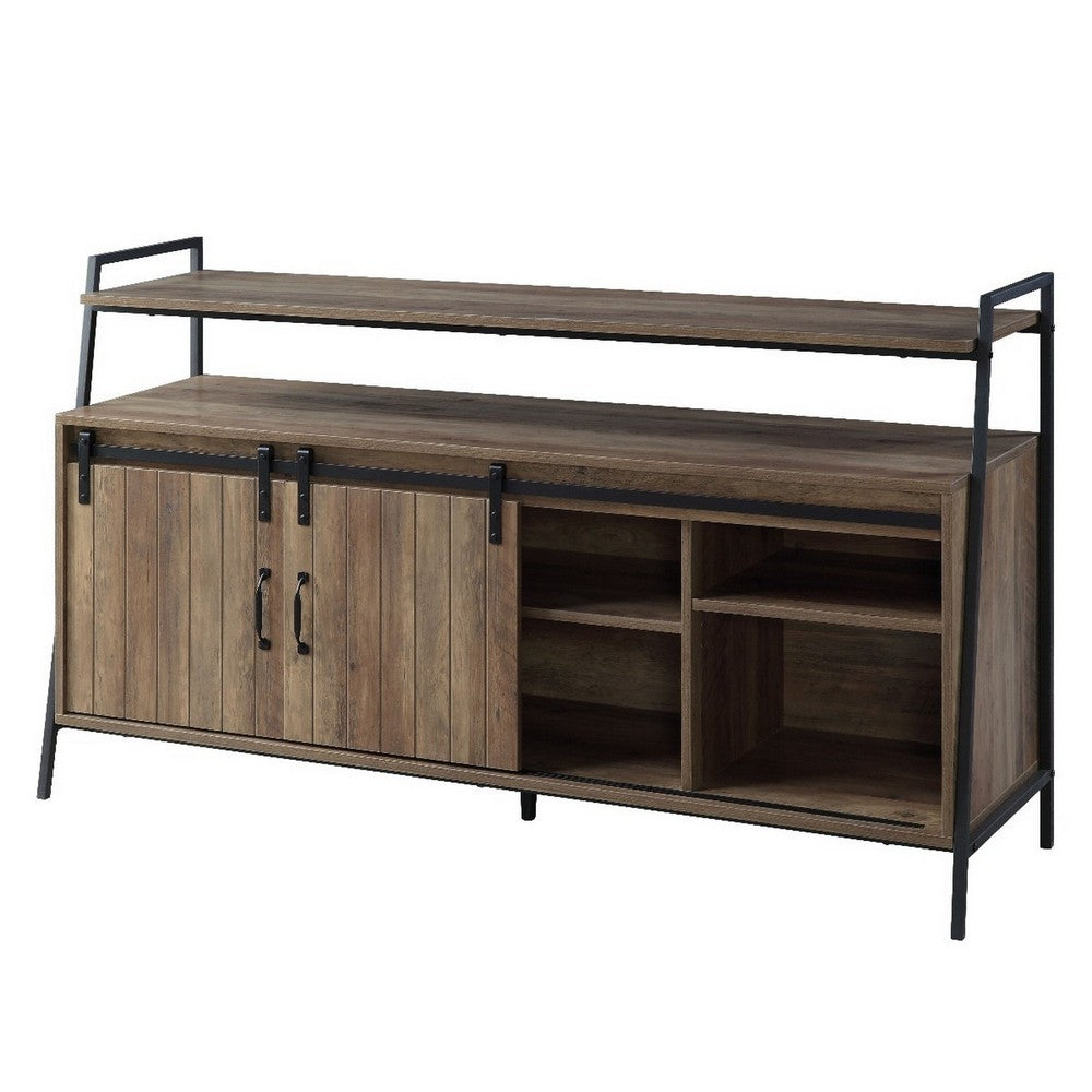 Benjara TV Stand with 2 Sliding Barn Doors And Tubular Frame, Oak Brown