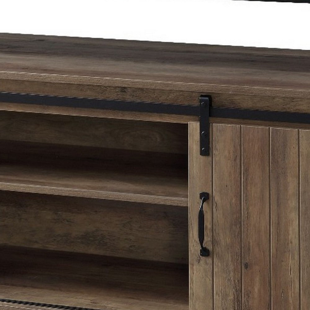 Benjara TV Stand with 2 Sliding Barn Doors And Tubular Frame, Oak Brown