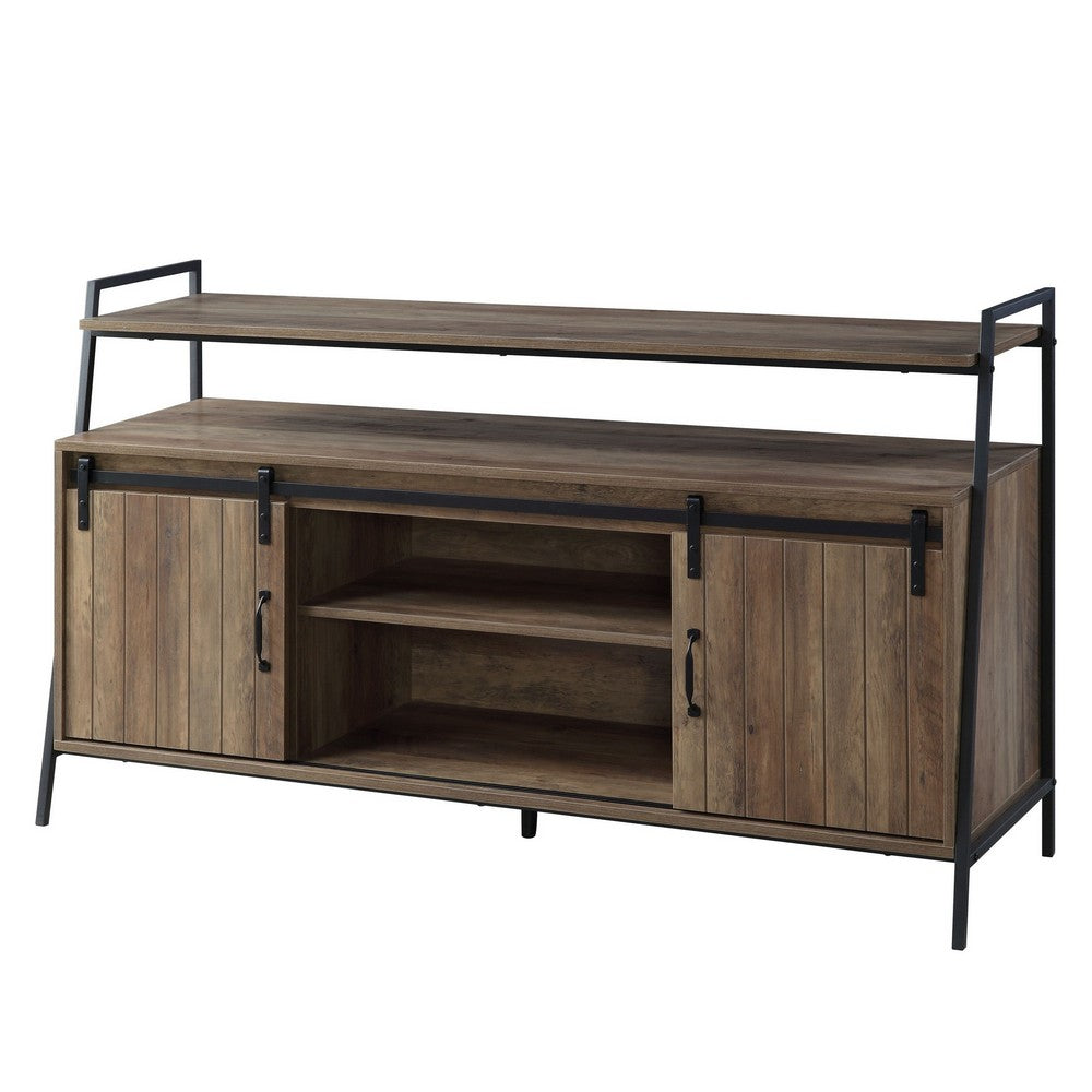 Benjara TV Stand with 2 Sliding Barn Doors And Tubular Frame, Oak Brown