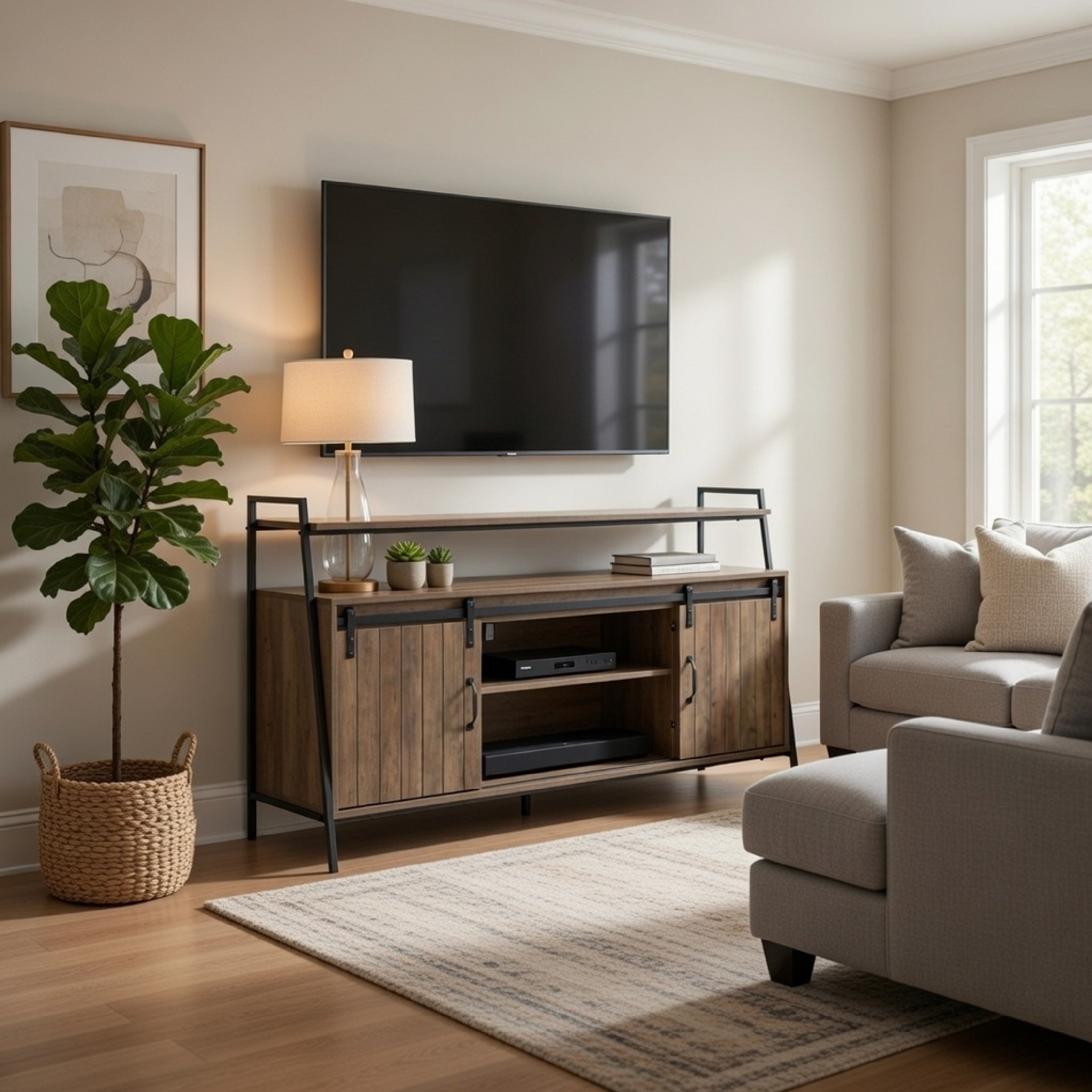 Benjara TV Stand with 2 Sliding Barn Doors And Tubular Frame, Oak Brown
