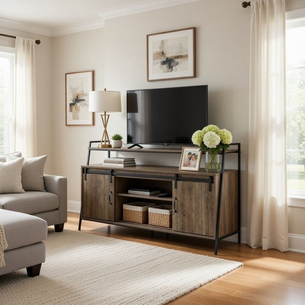 Benjara TV Stand with 2 Sliding Barn Doors And Tubular Frame, Oak Brown