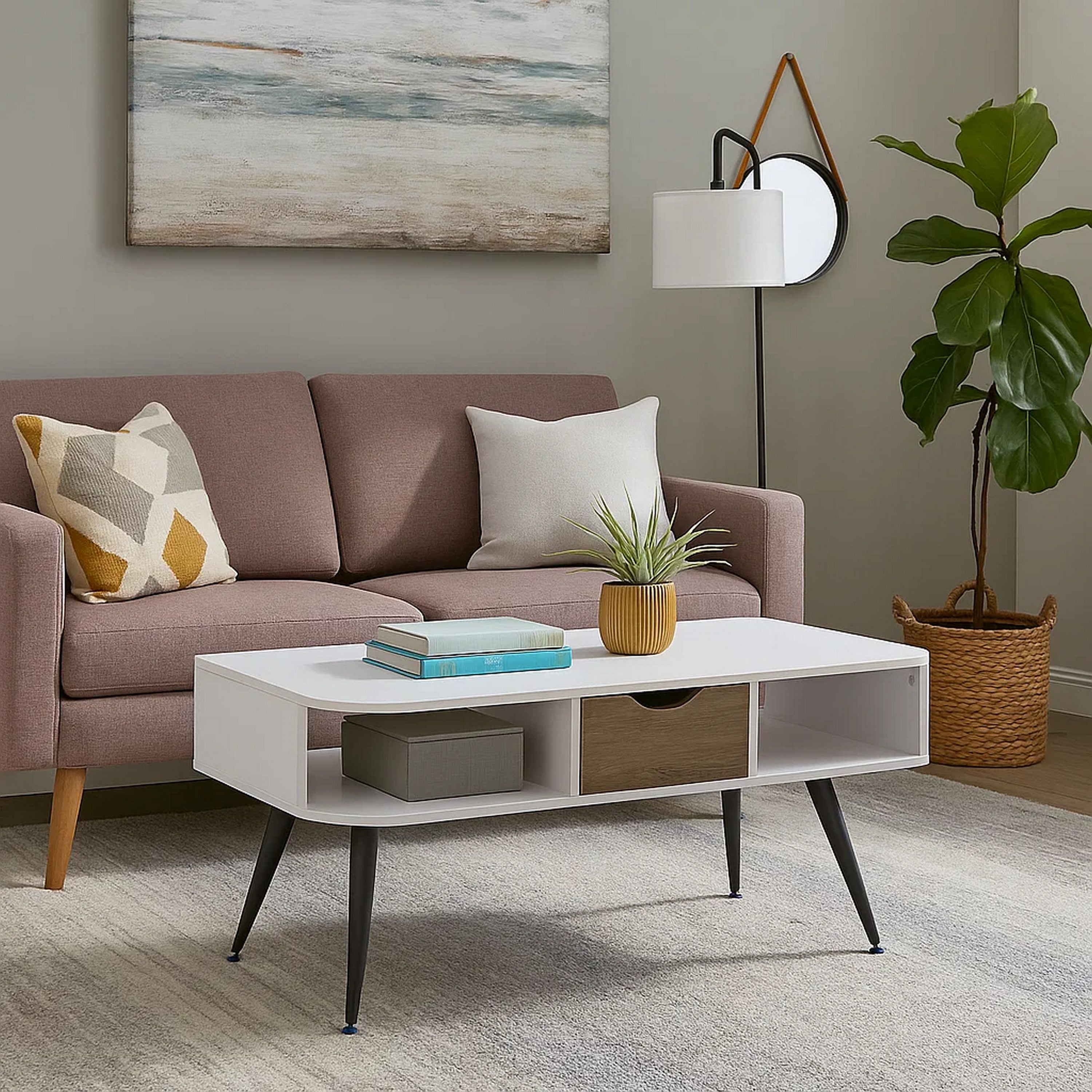 Benjara Coffee Table with Melamine Paper Veneer Top And 1 Drawer, White