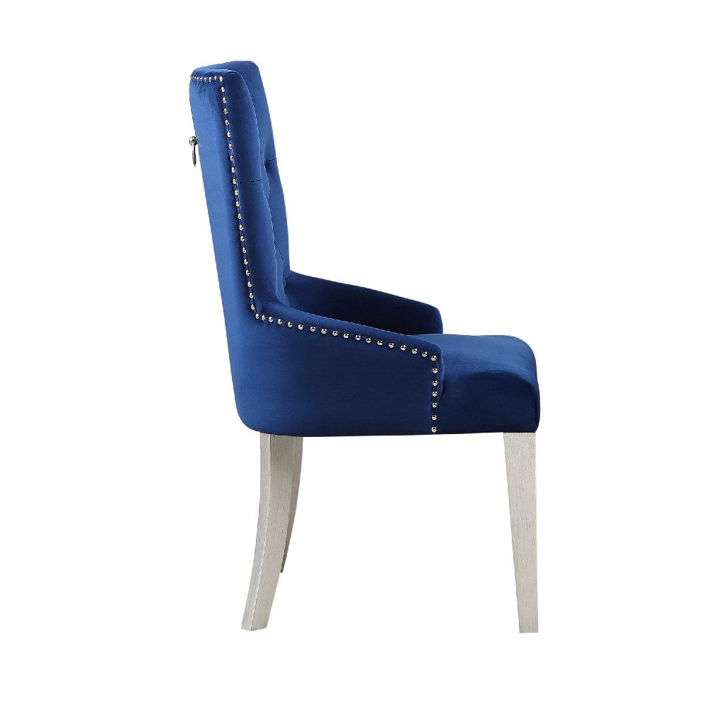 Benjara Side Chair with Button Tufted Back And Tapered Legs, Blue