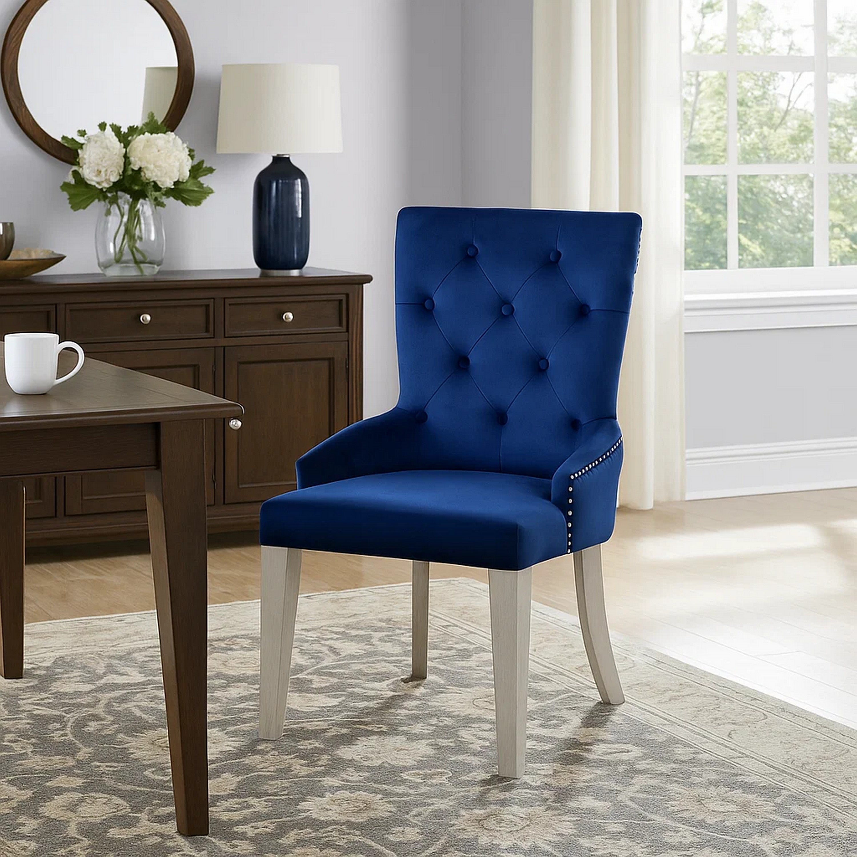 Benjara Side Chair with Button Tufted Back And Tapered Legs, Blue