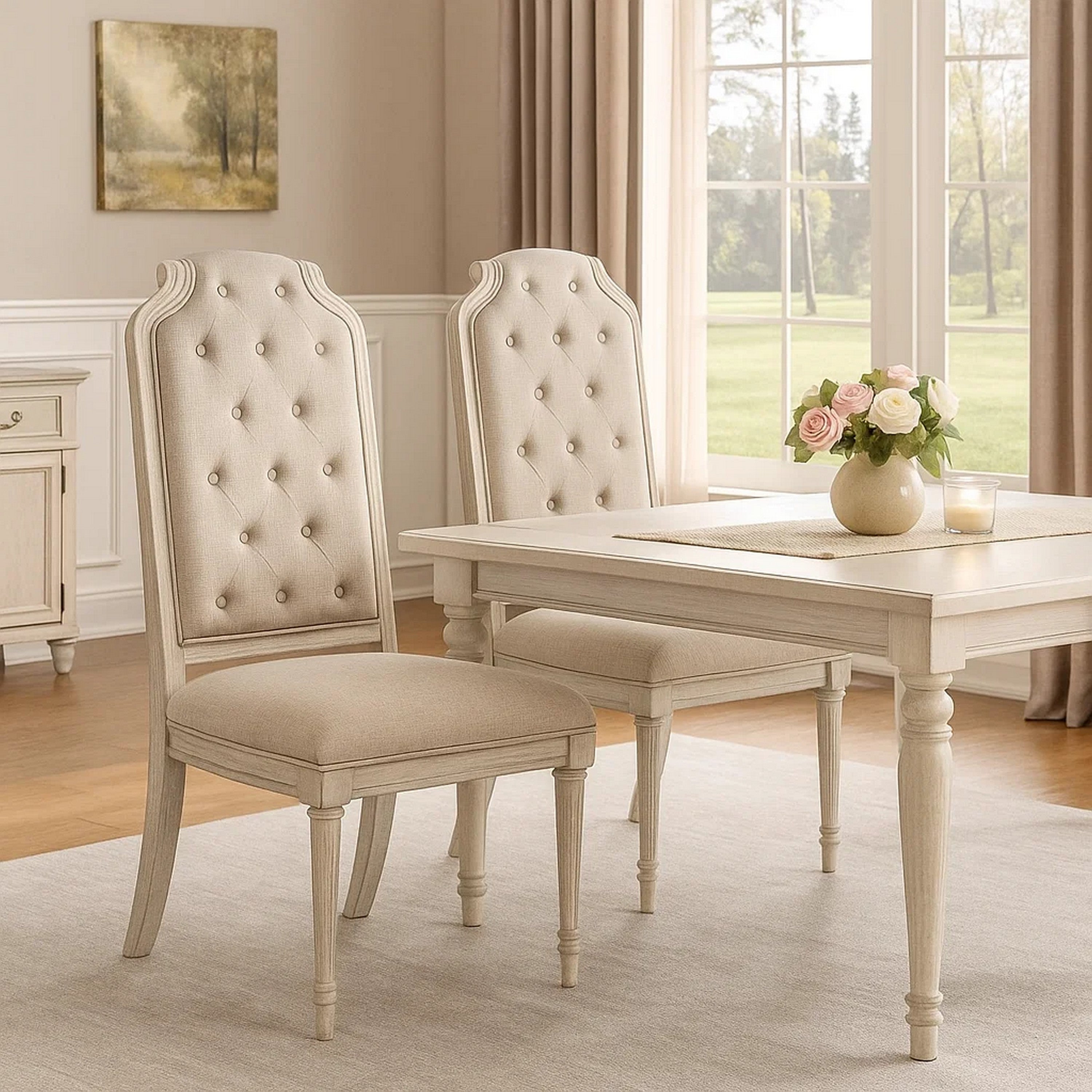 Benjara Side Chair with Tapered Legs And Button Tufted Back, Set of 2, Beige