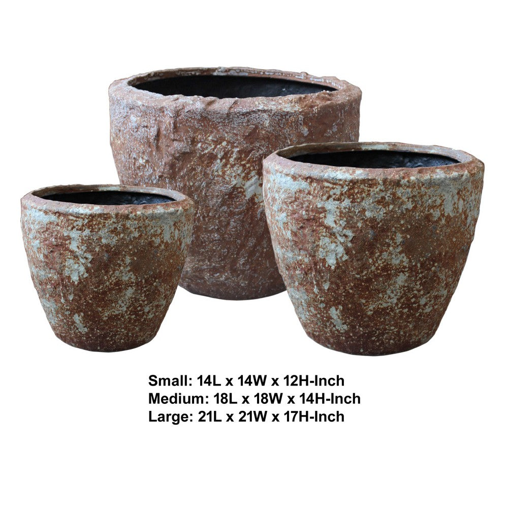 Benjara Hand Made Round Bowl Like Rocky Sandstone Planter, Brown, Set of 3