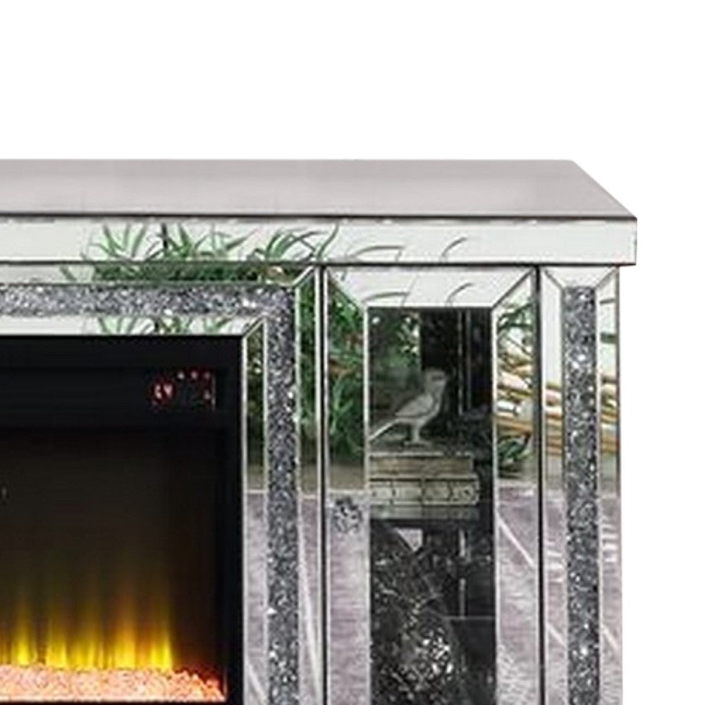 Benjara TV Stand with Fireplace And LED, Silver And Black