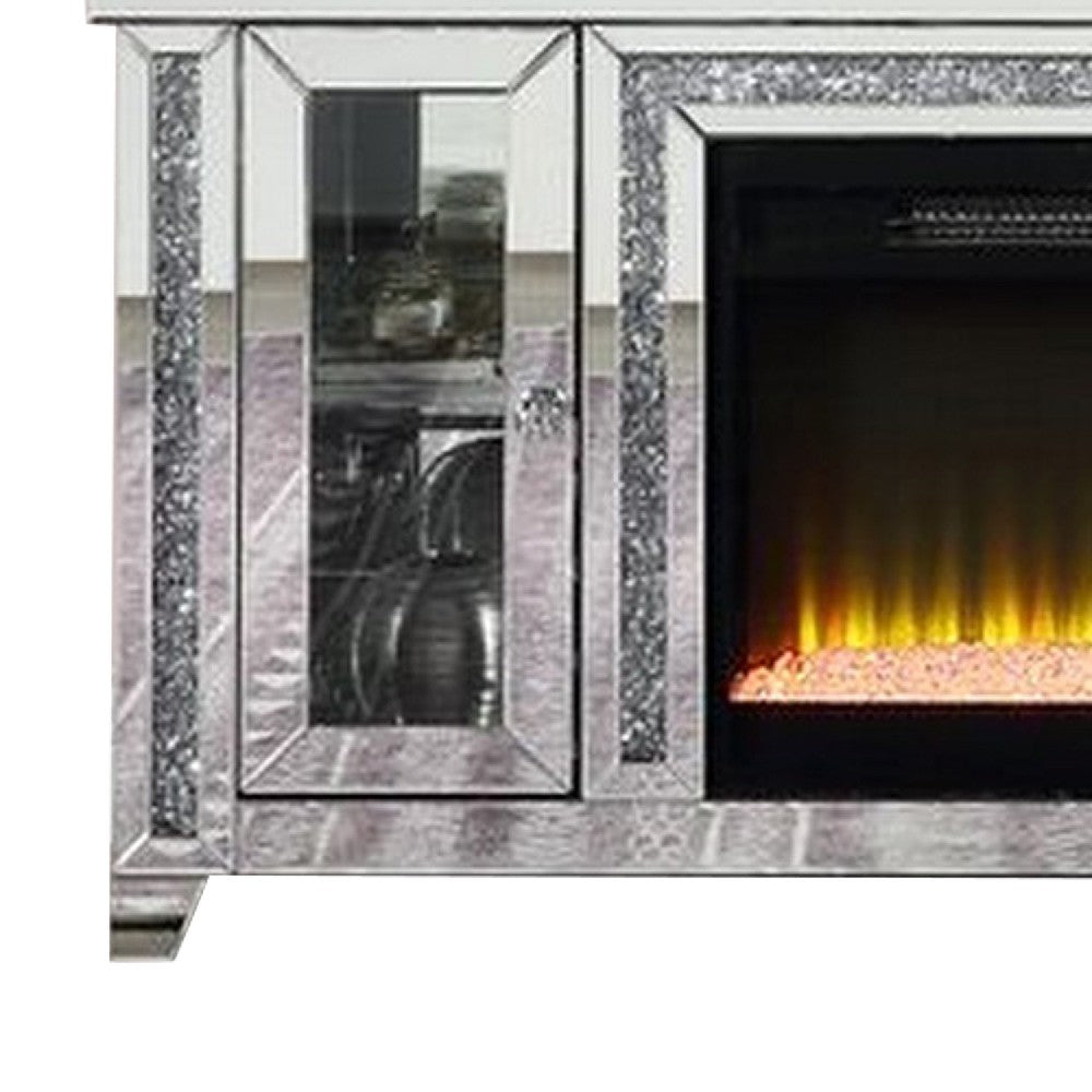 Benjara TV Stand with Fireplace And LED, Silver And Black