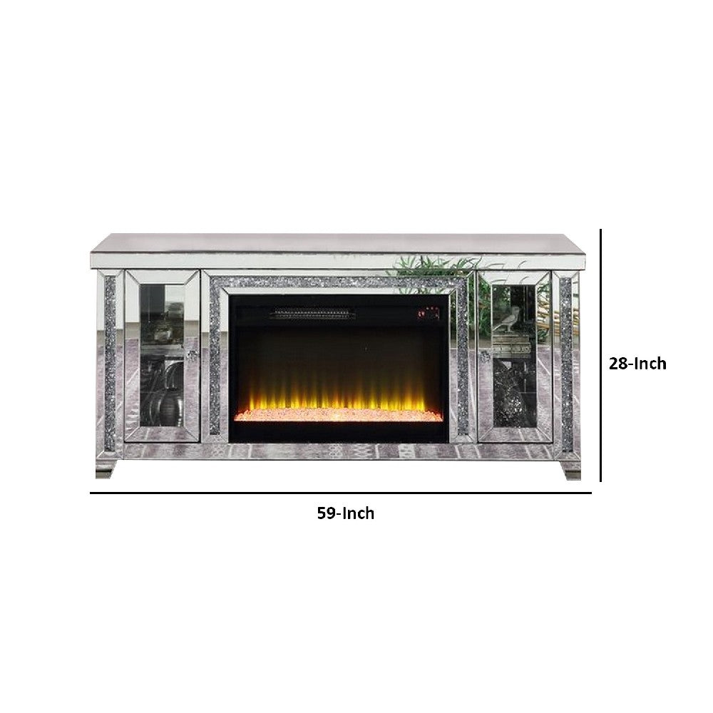 Benjara TV Stand with Fireplace And LED, Silver And Black