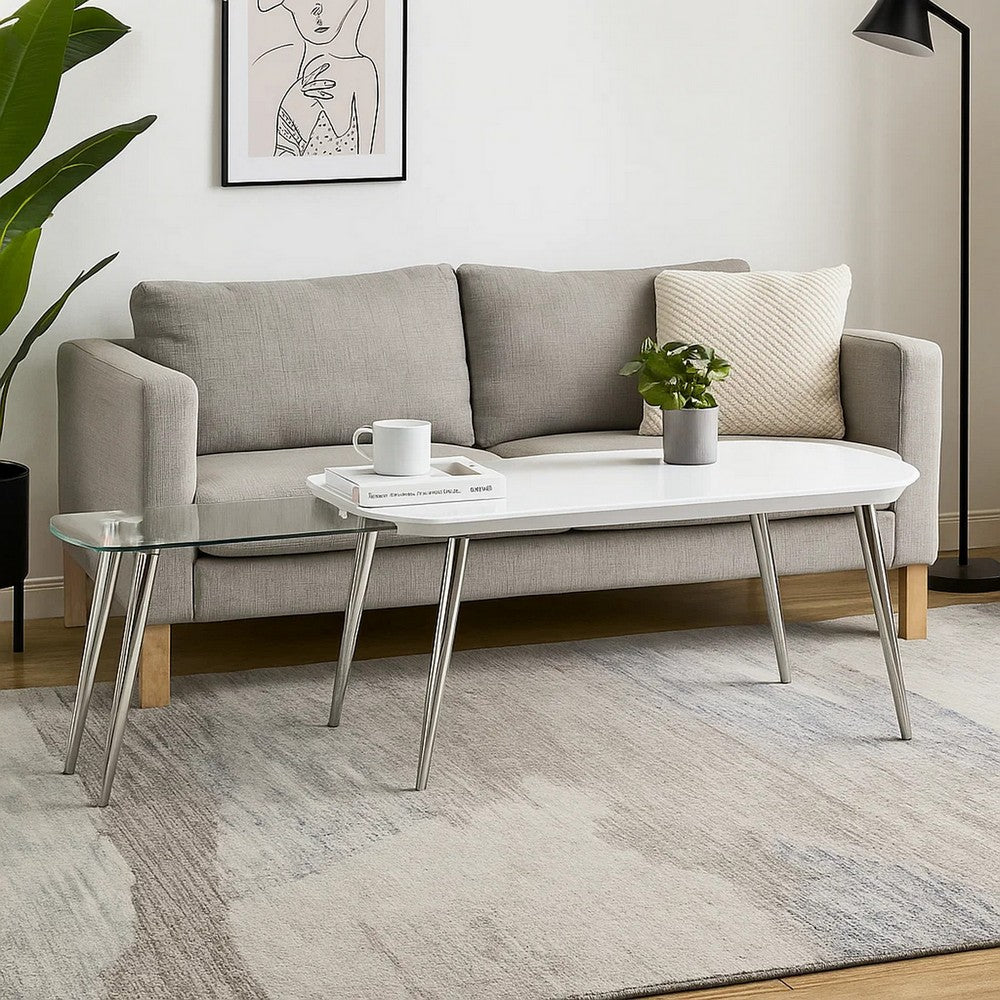 Benjara Coffee Table with Pull Out Tabletop, White And Silver