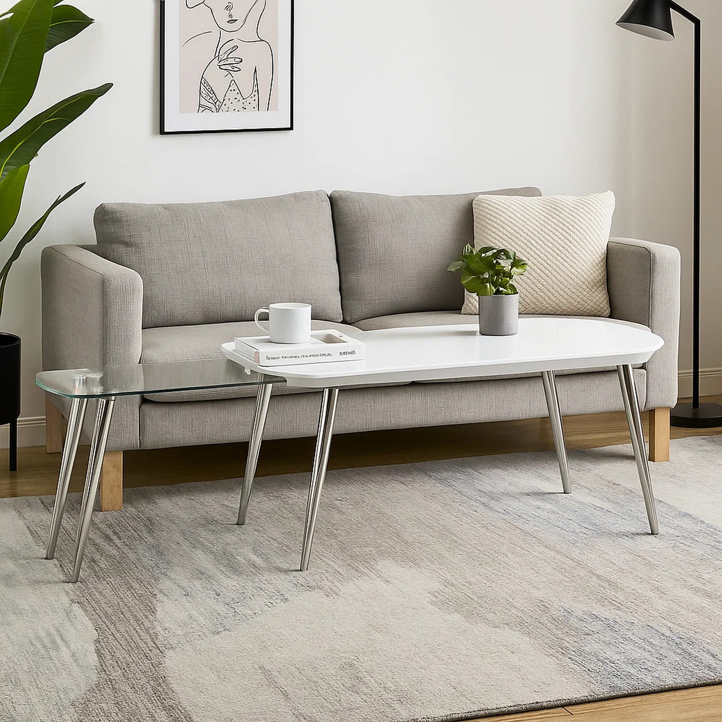 Benjara Coffee Table with Pull Out Tabletop, White And Silver