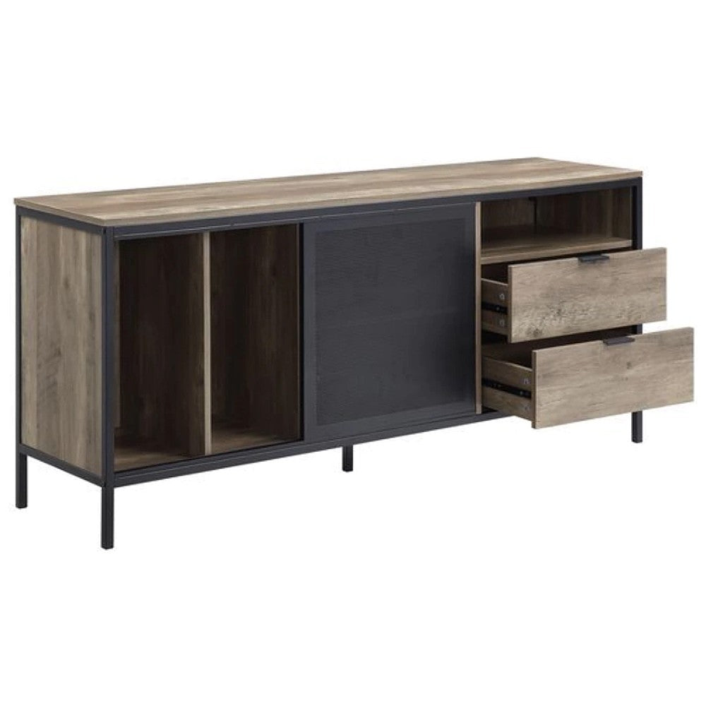 Benjara TV Stand with Metal Frame, Rustic Oak Brown And Black