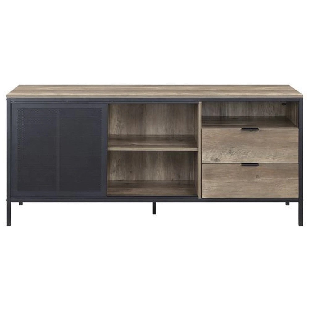 Benjara TV Stand with Metal Frame, Rustic Oak Brown And Black