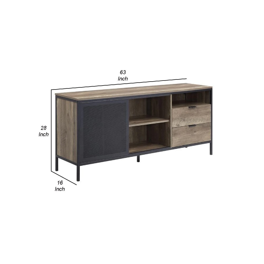 Benjara TV Stand with Metal Frame, Rustic Oak Brown And Black