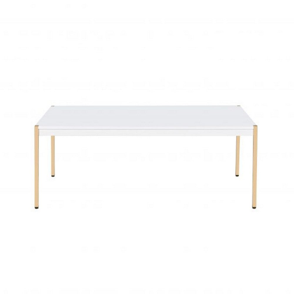 Benjara Coffee Table with Metal Tube Legs, White And Gold