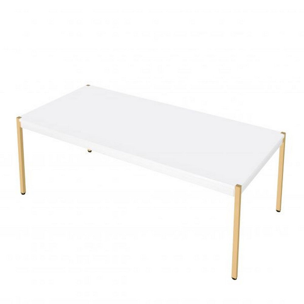 Benjara Coffee Table with Metal Tube Legs, White And Gold